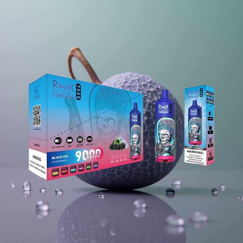 RandM Fumot Tornado 9000 קרח שחור עם סוללה נטענת וסליל מש